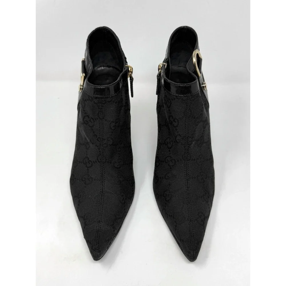Vintage Gucci GG Monogram Pointed Toe Ankle Boots Heels Black Gold 6B